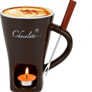 chocolate melting mug – cheese & candy mini fondue pot with forks (brown)