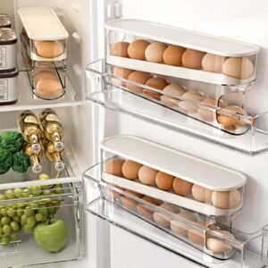 auto rolling fridge egg organizer – space saving refrigerator egg dispenser, home egg holder (1 pack)