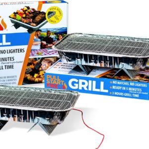 pull start fire grill – single use portable disposable charcoal bbq with matchless ignition, ready in 5 minutes, 3 hour burn for camping & outdoor cooking
