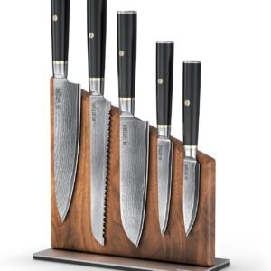 yatoshi magnetic kitchen knife set – 6 piece japanese vg 10 damascus steel knives with magnetic knife block & g10 handles